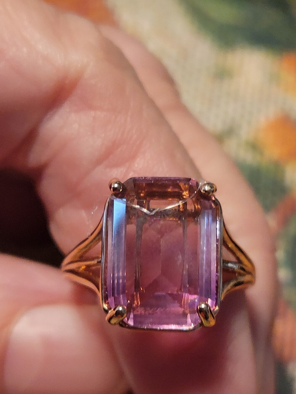 Avon Size 8 Gold-Tone Ring with Purple Pink Emerald-Cut Stone